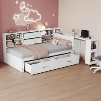 MODFU Jugendbett ohne Matratze 90x200cm Einzelbett mit Staufächer und Regale,Stauraumbett mit Stauraum,Kinderbett mit Schubladen,mit Steckdose und Schreibtisch,weiß