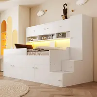 STILVORA Kinderbett 90x200cm mit Stauraum, Kleiderschrank und Ablagefächern, Bettgestell mit Sicherheitsgeländer und LED-Beleuchtung, Hochbett mit Kletterleiter und integriertem Stauraum in Weiß