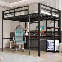 ALFORIGO Hochbett 140 x 200 cm mit Schreibtisch, Regalen, Steckdose, USB & Type-C, Metallrahmen, Geländer und Trittleiter, ohne Matratze