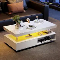Novavision Weißer Hochglanz Couchtisch 95x50x42,5 cm - mit 4 Glasplatten, 2 Schubladen und 2 offenen Fächern, Unterschrank im Wohnzimmer, Couchtisch