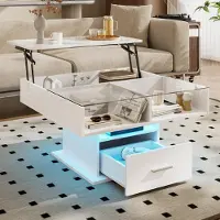 Merax Lift-Couchtisch 78x78 cm mit LED-Beleuchtung, höhenverstellbare Sofatisch, platzsparend modern Stauraum für Wohnzimmer & Büro, hochglanz Weiß