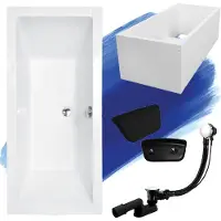 Besco Badewanne Rechteck Set 5in1 170x75 mit Premium Ablaufgarnitur und Füßen GRATIS + Wannenträger + Kopfstütze in Schwarz | BADLAND QUADRO