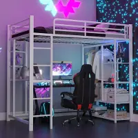 ALFORIGO Hochbett 90 x 200 cm mit Schreibtisch, Kleiderschrank, Ablagefächern und Leiter, Metall/MDF, bis 120 kg, Weiß