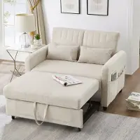 Merax 2-in-1 Ausziehbares Schlafsofa mit dreistufig verstellbarer Rückenlehne, atmungsaktivem Baumwoll-Leinen-Stoff, Zweisitzer mit Bettfunktion, Weiß