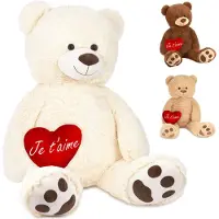 Ed Brubaker XXL Teddybär 100 cm mit "Je T'Aime" Herz - Stofftier Plüschtier Teddy Kuscheltier, Weiß