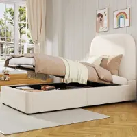 MODFU Einzelbett 90x200 Funktionsbett mit geschlossene Kopfteil ohne offene Stellen,Kinderbett mit Lattenrost,Bettgestell ohne Matratze mit gepolstertes Kopfteil,Beige