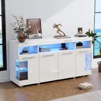 Merax Hochglanz Sideboard 140 cm mit LED, Wohnzimmer-Schrank mit Glastüren, 3 Schränke und 6 Fächer, modern Kommode mit gehärtetes Glas, Weiß