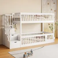 ALFORIGO Etagenbett 90 x 200 cm mit Stauraumtreppe und Schubladen, Kinderbett mit Tür, umlaufendem Geländer und 15 Latten, 253 x 95 x 130 cm