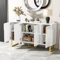 OKWISH sideboard 140L×40B×80H,Aufbewahrungsschrank mit 4 Türen,Metallgriffe und -beine,geometrisches Design,Weiß
