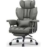 Bigzzia Bürostuhl mit Fußstütze - Ergonomischer Schreibtischstuhl mit Lordosenstützkissen - Großer Chefbürostuhl aus Kunstleder mit Hoher Rückenlehne - Grau