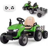 Costway 24V Kindertraktor, Elektrotraktor mit Fernbedienung, Hupe, Schalthebel, Musik, kippbarem, abnehmbarem Anhänger&LED, für Kinder 3+, Grün
