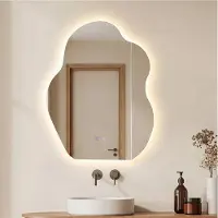 Costway Badspiegel, Außerirdischer Badezimmerspiegel mit Beleuchtung, 3 Lichtfarben, Stufenlose Dimmung, Memory-Funktion, Anti-Beschlag, Wandspiegel