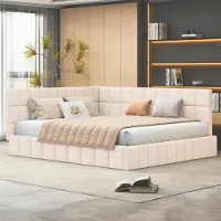 ALFORIGO Polsterbett 160 x 200 mit Samtbezug und wechselbarer Lehne, Schlafsofa mit Armlehne, Lattenrost und Mid-Century-Gestaltung; Tagesbett in Beige