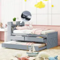 Merax Massivholzbett Einzelbett 90x190cm mit Ausziehbett und USB, Funktionsbett mit 2 Schubladen und Stauraumfach, Kiefer Tagesbett Funktionsbett Gästebett Kinderbett, Grau