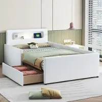 ALFORIGO Kinderbett 90 x 200 cm mit Kunstlederbezug und Nachtlicht/USB, Polsterbett mit erhöhten Seiten und Aufbewahrungsschubladen; Stauraumbett in Weiß