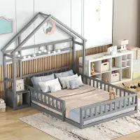 Ulife Traumhaftes Kinderbett mit Sicherheitsgitter & Haus-Design, inklusive Stauraum – stylisches Massivholz-Möbel für süße Träume. 140x200 cm,grey