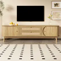 Merax TV-Schrank mit Rattan-Oberfläche, TV Lowboard mit Massivholz Türen und Schubladen, Landhausstil TV-Ständer aus Holz und Rattan, Naturbelassen