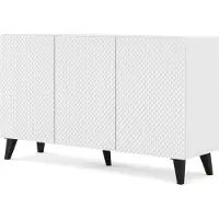 Homlando Kommode RAVENNA C 150 cm 3D WEIß MATT / WEIß GLANZ mit Schwarz Füße US Diamantförmiger Fräser Sideboard MDF 3 Türen Highboard Schrank offene Regale Büfett mit gefräster fronten Diamant