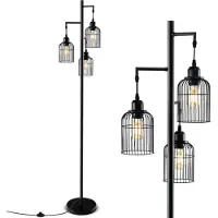 Costway Stehlampe 169cm, Standleuchte mit 3 Lampenschirmen, Fußschalter & stabilem Sockel, Leselampe Modern Schwarz (zylindrisch)