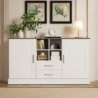 Merax Sideboard Kommode mit weißer und brauner Holzmaserung – 2 Türen, 2 Schubladen, Soft-Close, Wohnzimmerschränke Massivholz Anrichte mit silbernen