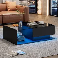 Merax Couchtisch mit Glastischplatte und Schublade, Beistelltisch Hochglanz mit LED inkl. APP, Wohnzimmertisch 100x50x32cm, Schwarz