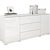 Mirjan 24 Kommode Vera, Griffloses Öffnungssystem, Sideboard, Stilvoll Highboard Schrank (Farbe: Weiß / Weiß Hochglanz, ohne Beleuchtung)