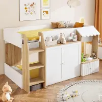 ALFORIGO Kinderhochbett 90x200 cm im Hausdesign mit breiter Leiter, offenem Stauraum, Türen und Regalen, Kiefer/Sperrholz/MDF, Weiß + Holzfarbe