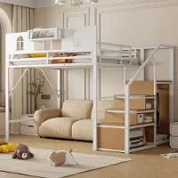 ALFORIGO Hochbett 140 x 200 cm aus Metall mit Stauraumleiter, Ablage, erhöhtem Seitengitter, Holzplatten und Netzgewebe, Weiß