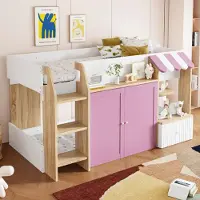 ALFORIGO Hochbett 90x200, Massivholz mit Stauraum, Kinderbett mit zwei Türen, Hausbett mit Ablagefächern ohne Matratze, weiß/rosa/holzfarben