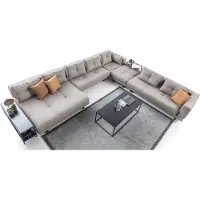 AEA Exklusive Wohnzimmer Beige Couchgarnitur Textilsofa Holz Couchtisch