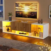 Merax LED TV-Schrank 160x40x42 cm, TV-Lowboard für Fernseher bis 70 Zoll, TV-Möbel 3 Ebenen mit Glasboden & 2 Schubladen, RGB-Beleuchtung, Weiß/Natur