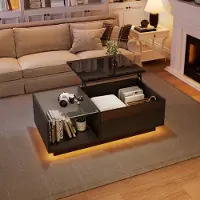 Merax LED-Couchtisch 100x50 cm, höhenverstellbar Sofatisch mit Hebefunktion & Stauraum, RGB-App-Steuerung, Hochglanz mit Glasplatte, Schwarz