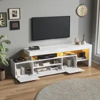 Ropilly TV-Schrank 192x37x53cm für 85-Zoll-Fernseher, weißes Hochglanz-TV-Board mit LED-Beleuchtung, drei Türen und offenen Regalen aus Spanplatte