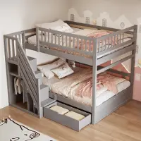 ALFORIGO Etagenbett 140x200 cm, Massivholz mit Stauraum, Kinderbett mit Stufenschränken, Jugendbett mit Schubladen und seitlichem Aufstieg, grau
