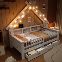 Flieks Kinderbett Hausbett 90x200cm mit Led, Plattformbett Kinderbett mit Schubladen und Ablagen, Holzbett Einzelbett, Weiß