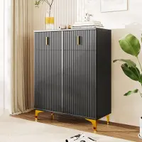 OKWISH Kommode Sideboard mit viel Stauraum, Schrank mit 2 tür und 2 Schubladen mit goldenen Griffen, Schubladenschrank Anrichte Schuhschrank für Wohnzimmer, 82*35*101 cm, Schwarz