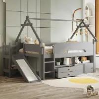 Flieks Kinderbett Hausbett 90x200cm mit Rutsche, Kinder Hochbett mit Schubladen und Ablagen, Etagenbett Einzelbett mit Rausfallschutz, Grau