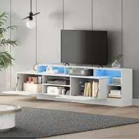 MODFU TV-Schrank für TV-Geräte bis 70 Zoll,Standfernsehschrank mit offener Stauraum und LED-Lichtstreifen,Wohnzimmerschrank lowboard mit Hochglanzdesign,Weiß