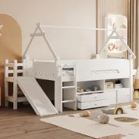 Flieks Kinderbett Hausbett 90x200cm mit Rutsche, Kinder Hochbett mit Schubladen und Ablagen, Etagenbett Einzelbett mit Rausfallschutz, Weiß