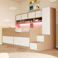 MODFU Kinderbett 90x200 stauraumstarkes Paneelbett mit Leiter und Schrank,Einzelbett mit LED-Beleuchtung und Sicherheitsgeländer, Kinderzimmer,ohne Matratze,Natur