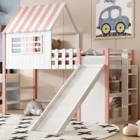 ALFORIGO Hochbett 90x200 cm, Kieferrahmen/MDF mit Stauraum, Kinderbett mit 36 cm hoher Umrandung, Holzbett mit Bereich unter der Liegefläche, rosa