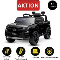 Beneo Elektro-Kinderauto FORD Ranger 12V, Schwarz, Ledersitz, 2,4-GHz-Fernbedienung, Bluetooth-/USB-Eingang, Federung, 12-V-Batterie, Kunststoffräder, 2 x 30-W-Motoren, ORIGINAL-Lizenz