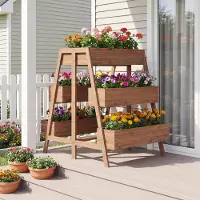 Costway vertikales Hochbeet mit 3 Etagen, Blumenbeet mit 6 Pflanzkästen, Lattenboden & Einsatz, Blumentreppe Gartenbeet Holz, Blumenkasten Braun, 126 x 90 x 115 cm