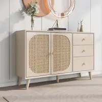 Merax Sideboard mit Rattangeflecht, 3 Schubladen und 2 Türen, Kommode mit Holzfüßen und Metall Bügelgriff, Lowboard TV-Board Breite 120 cm, Eiche
