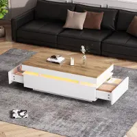 OKWISH Couchtisch Hochglanz LED - Wohnzimmertisch Beistelltisch mitZwei Schubladen - Wohnzimmertisch mit Stauraum - Ambientebeleuchtung Für Sofa Bereich - Weiß Holzton