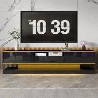 Merax TV-Schrank mit 3 Schubladen und offenem Fach, Wohnzimmer Lowboard mit LED-Licht, Hochglanzfront, 180 x 38 x 45 cm,Schwarz