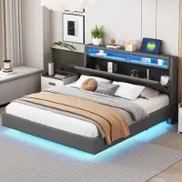 Fortuna Lai Polsterbett 160x200 cm mit USB-Steckdose und LED-Licht, wendbares Kopfteil, verdecktes Fußteil, Doppelflachbett, Jugendbett, Erwachsenenbett, Leinenstoff grau