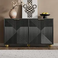 Merax Sideboard mit 4 gravierten Türen, Kommode mit verstellbaren Einlegeböden, Wohnzimmerschrank mit goldenen Metallgriffen & Kugelbeinen, Schwarz