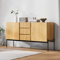 Merax Sideboard Kommode Holz, mit 3 Schubladen, 2 Türen, Zum Öffnen drücken, TV-Schrank, Buffet, 3D Linien, 140×40×75 cm, Natural+Schwarz