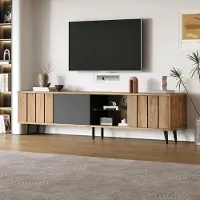 Merax TV Lowboard 175 cm, Für Fernseher bis 75 Zoll, 3 Schränke, Glasregal, Fernsehschrank modern, Wohnzimmermöbel Holz Schwarz